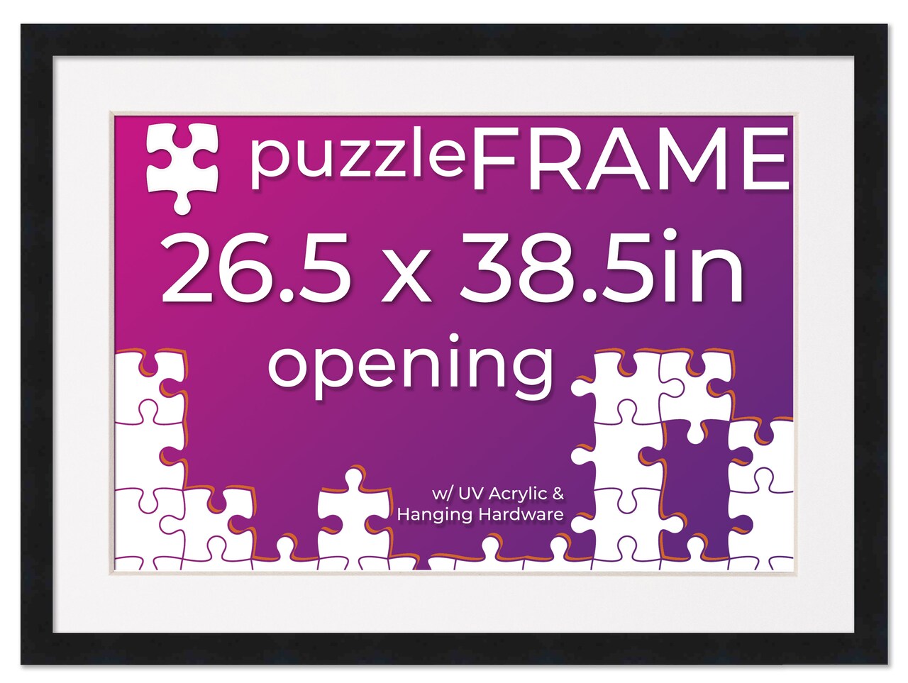 26.5x38.5 Jigsaw Puzzle Frame Kit - Kit Includes Puzzle Glue Sheets, Black Wood Puzzle Frame with White Mat, UV Acrylic, Backing,, Hanging Hardware